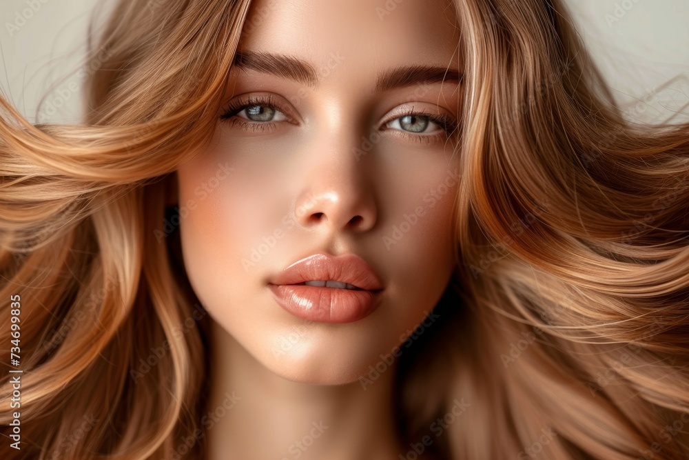 Healthy woman with beautiful hairstyle makeup and close up face Healthy woman with beautiful hairstyle makeup and close up face