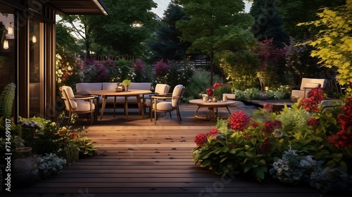 Garden cafe deck with seating for cozy seasonal evenings with beautifully designed flowering planters for lush natural luxury setting