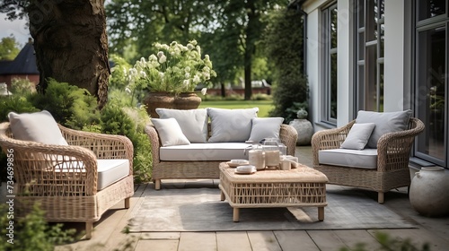 Garden patio decorated with Scandinavian wicker sofa and coffee table
