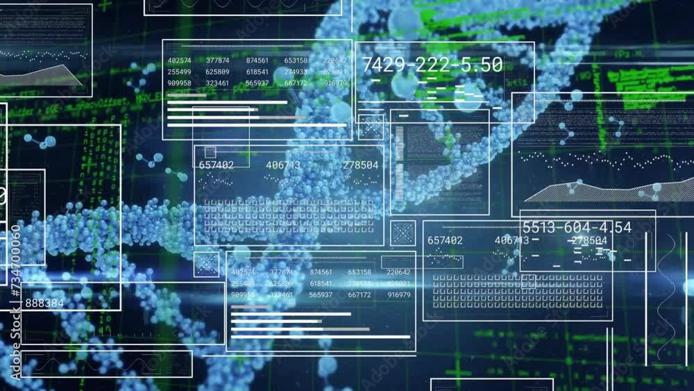 Animation of interface screens processing data over dna strand on dark background