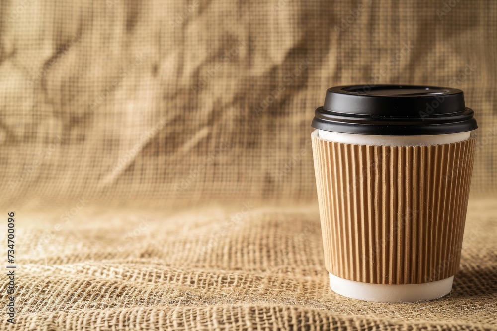 Jute background with a paper cup safety collar and ample space in front Jute background with a paper cup safety collar and ample space in front