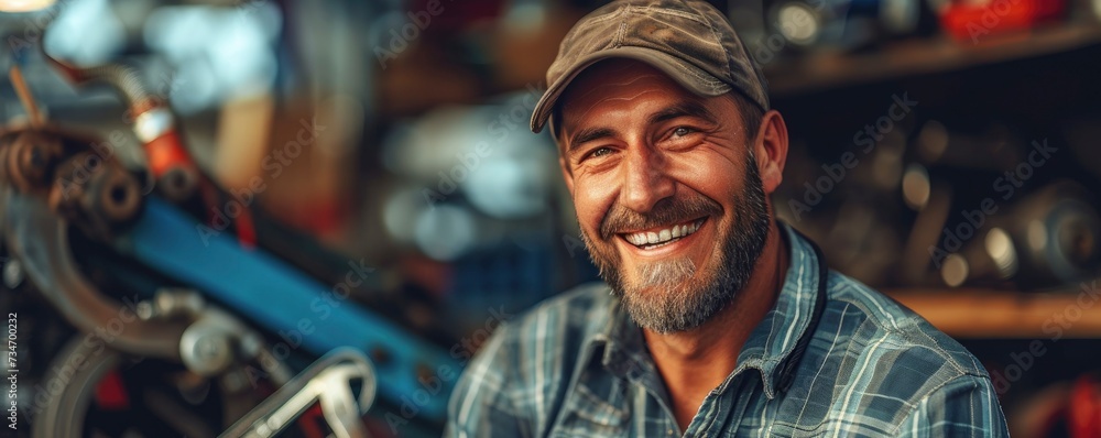 Portrait of car mechanic working at auto repair in garage.