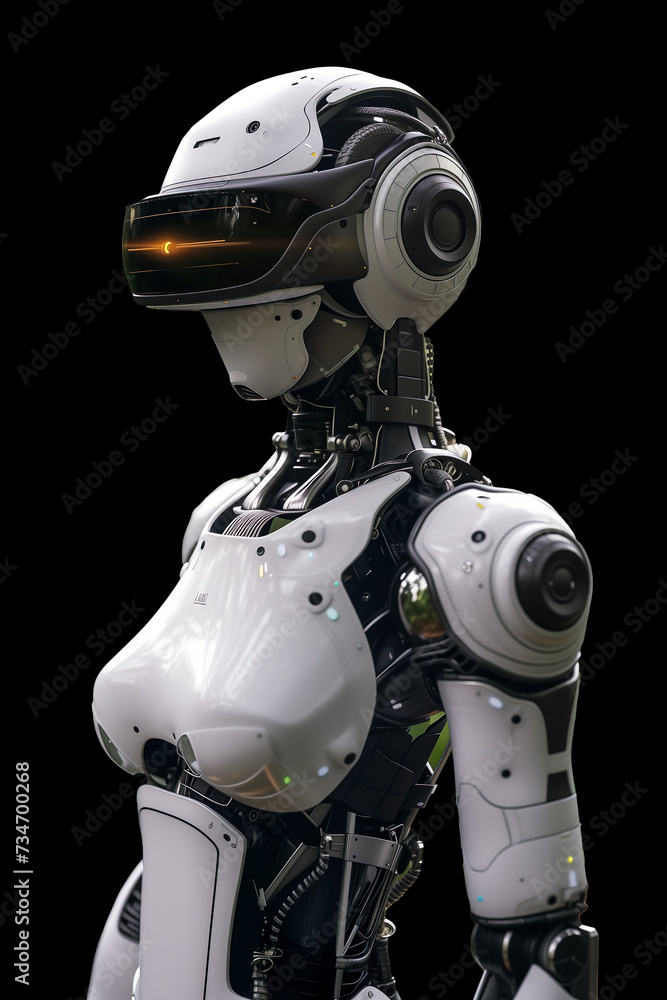 A female cyborg robot wearing a VR headset A female cyborg robot wearing a VR headset