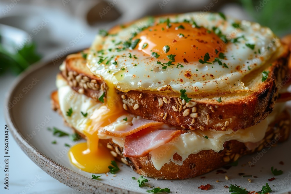 Ham cheese and fried egg on French toast with bechamel sauce Ham cheese and fried egg on French toast with bechamel sauce