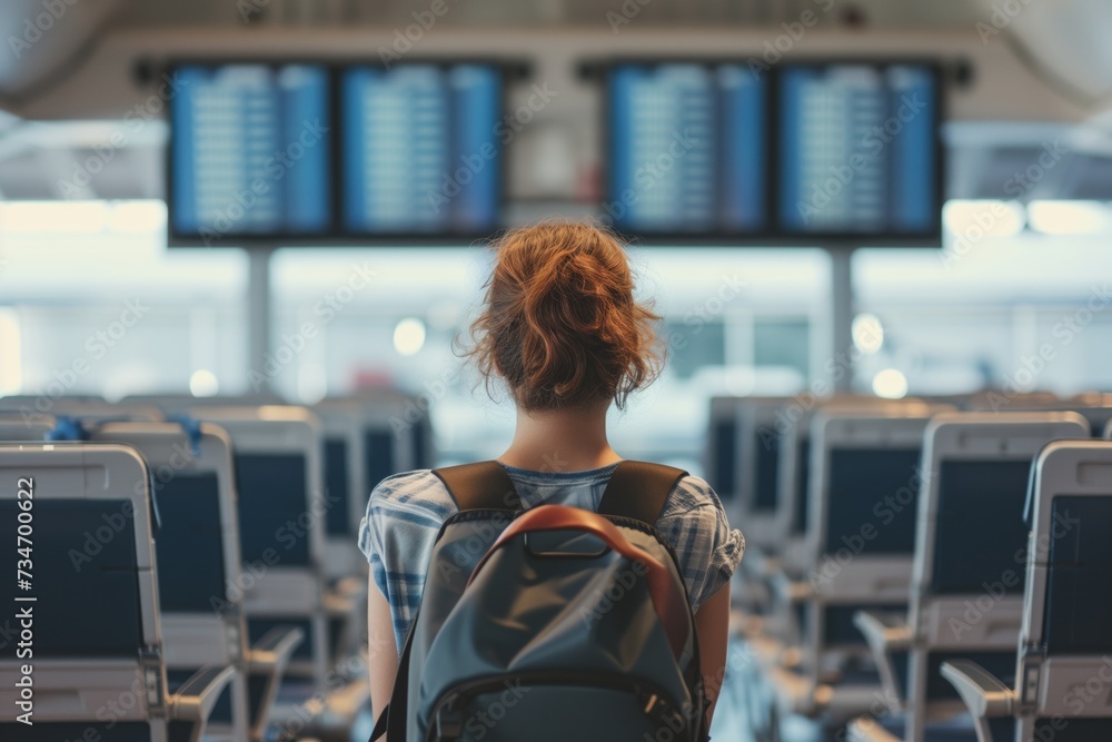 young traveler looking at a flight board, alone in chair rows