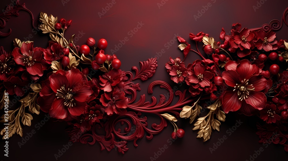 A top view of a rich maroon background, exuding a sense of luxury and opulence A top view of a rich maroon background, exuding a sense of luxury and opulence