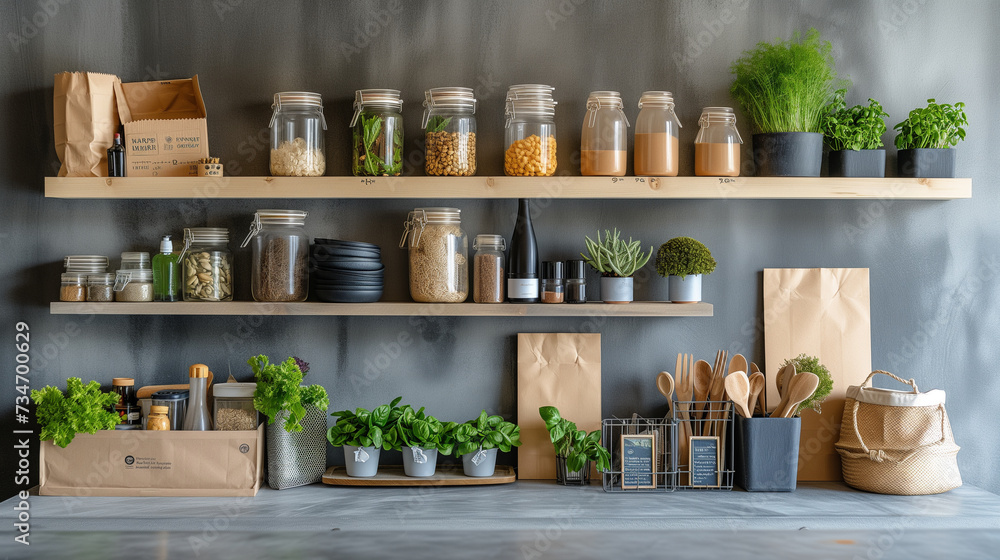 Zero waste lifestyle. Reusable packages and containers on shelves inside a modern kitchen. Zero waste lifestyle. Reusable packages and containers on shelves inside a modern kitchen.