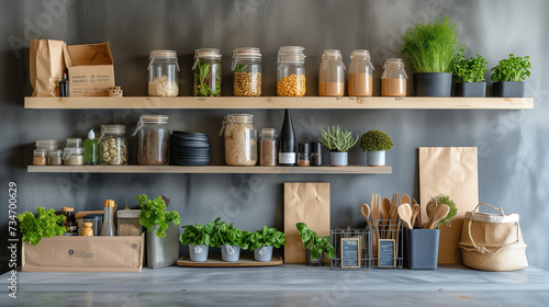 Zero waste lifestyle. Reusable packages and containers on shelves inside a modern kitchen.