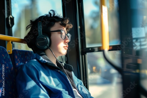student with headphones listening to music in bus seat