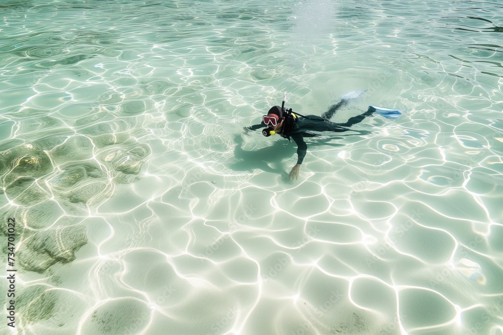 Fototapeta premium snorkeler in clear shallow waters over white sand seabed