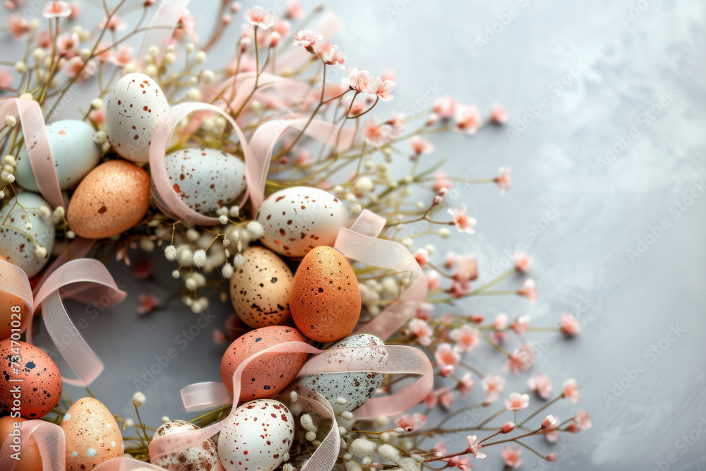 Easter wreath adorned with speckled eggs, soft pink ribbon, and delicate pink blossoms