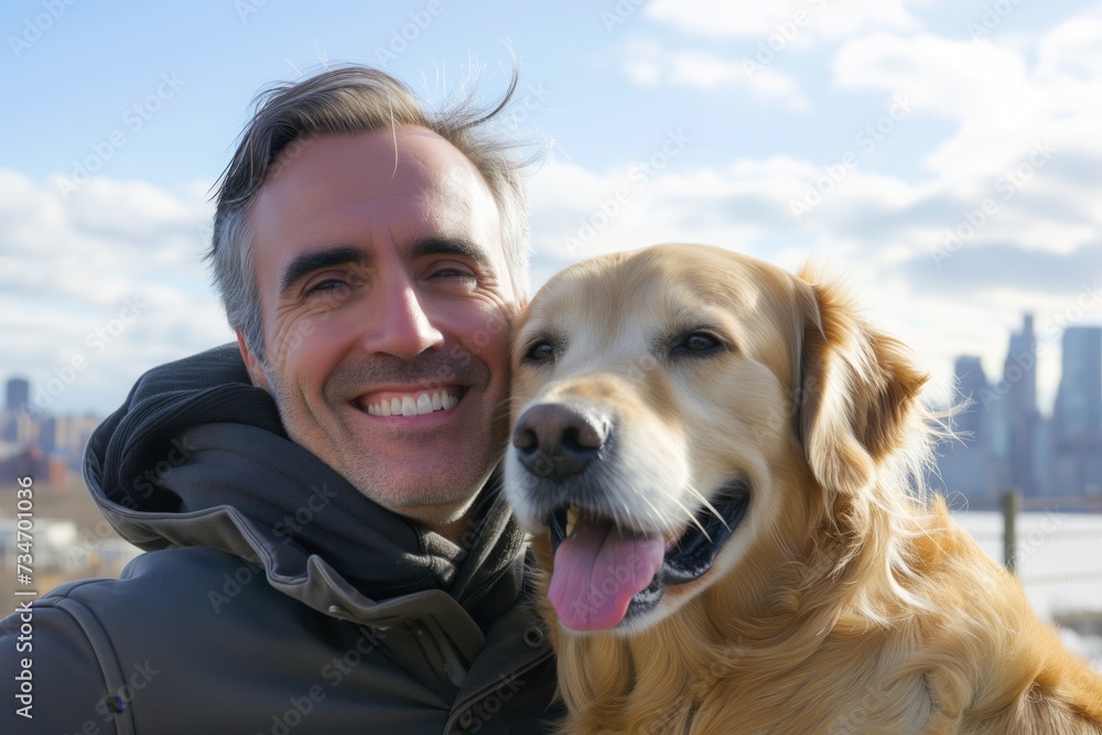 man smiling with his golden retriever, cityscape behind