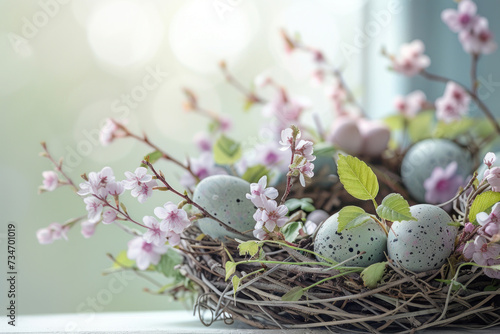 Peaceful Easter nest eggs surrounded by delicate cherry blossoms, symbolizes the renewal of spring