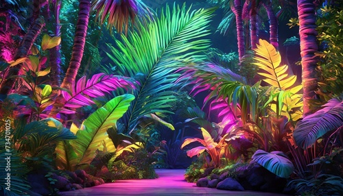 Colorful Neon Light Tropical Jungle Plants in a Dreamlike Enchanting Scenery