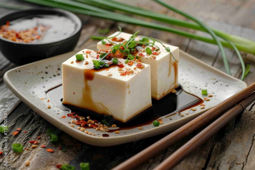 Japanese silk tofu with chili chive ginger and soy sauce on plate with chopsticks Japanese silk tofu with chili chive ginger and soy sauce on plate with chopsticks