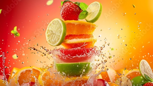 various type of fruit slices stacked with splash fruit punch concept