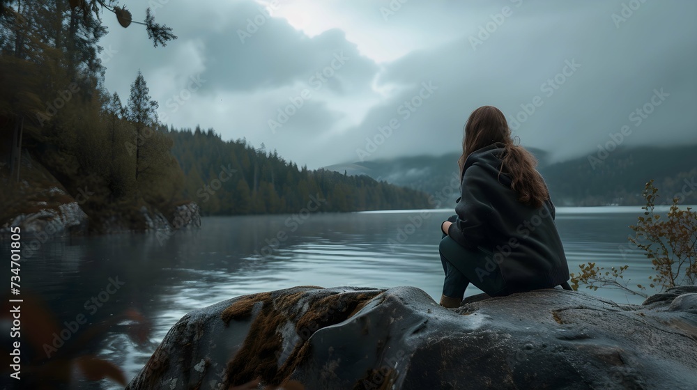 A woman sitting on a rock looking out over a lake A woman sitting on a rock looking out over a lake