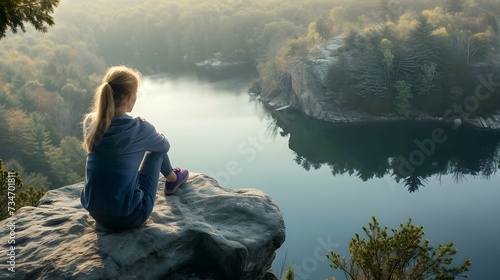 A woman sitting on a rock looking out over a lake