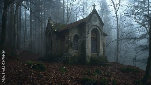A solitary, crumbling chapel in the heart of a misty, ancient forest, where the spirits of the woods find solace in isolation. © PSCL RDL