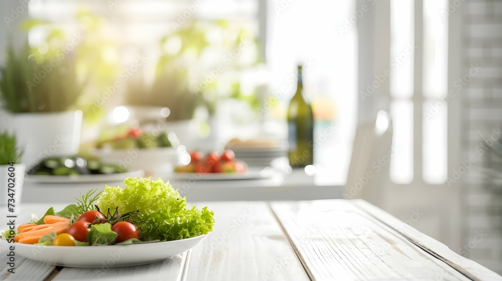 a selection of freshly prepared vegetarian dishes on a clean, white wooden table in a chic restaurant environment a selection of freshly prepared vegetarian dishes on a clean, white wooden table in a chic restaurant environment
