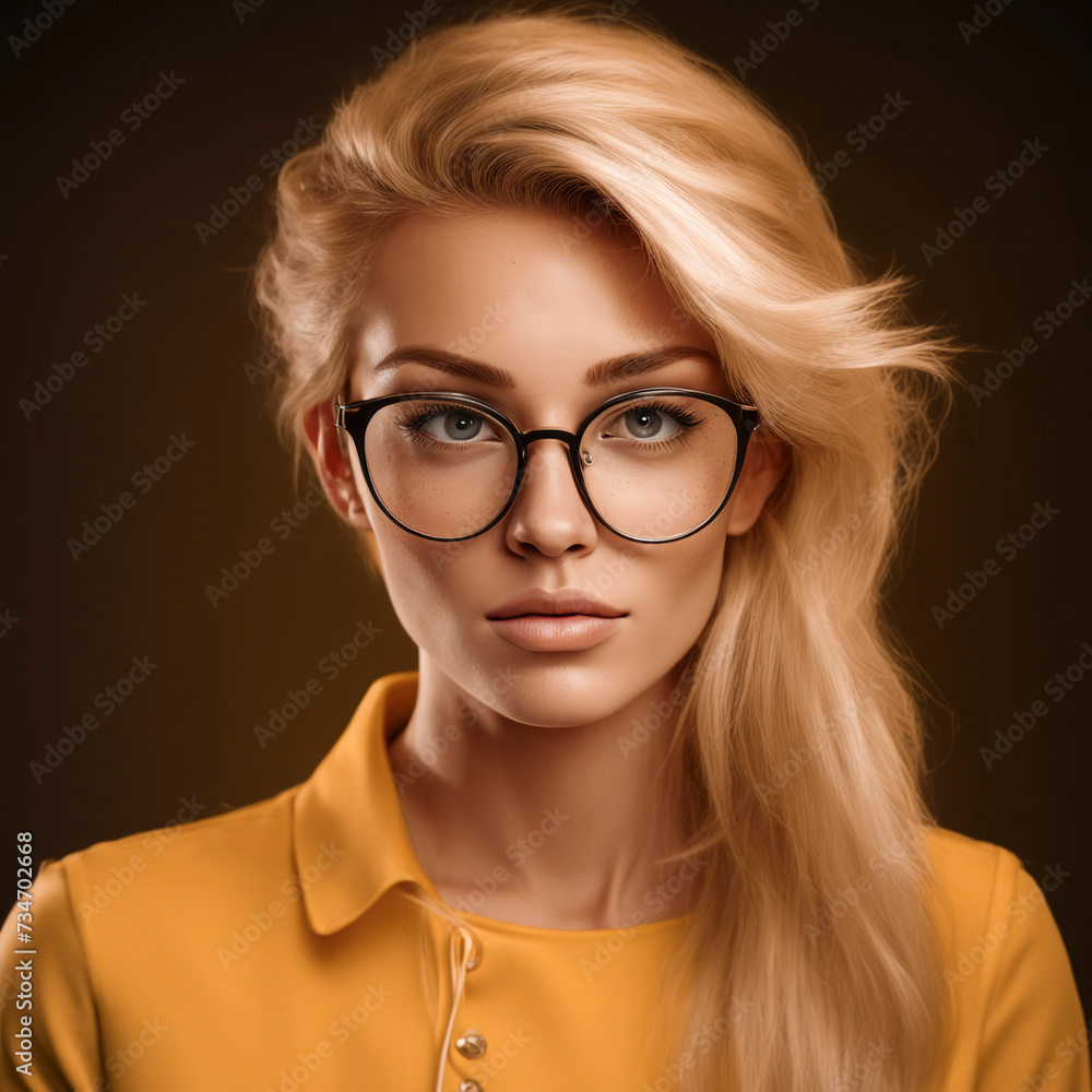 The head of a beautiful blonde woman with glasses and a yellow blouse on a dark background. The head of a beautiful blonde woman with glasses and a yellow blouse on a dark background.
