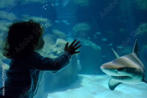 child pressing hand on underwater hotel glass as shark swims by
