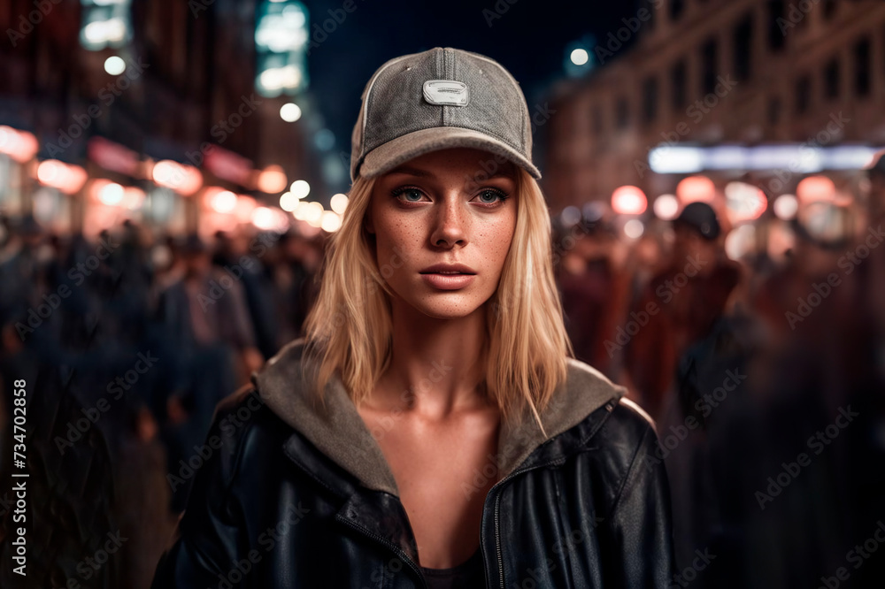 Beautiful blonde at night on a crowded illuminated street in the capital city. Beautiful blonde at night on a crowded illuminated street in the capital city.