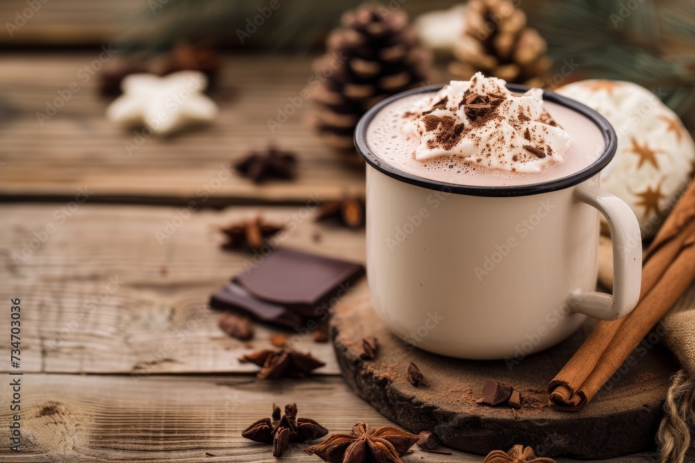Hot chocolate cup on wooden backdrop Hot chocolate cup on wooden backdrop