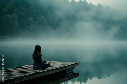 woman on a dock at a misty lake, in a meditative trance