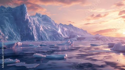 A glacier's icy peaks bathed in the soft colors of the setting sun.  photo