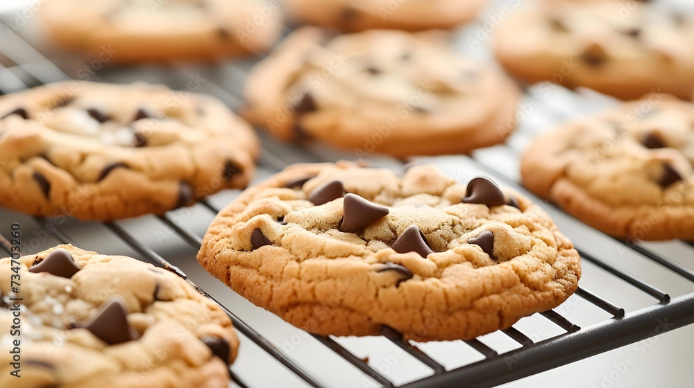 A close-up of a freshly baked batch of soft and chewy chocolate chip cookies straight from the oven A close-up of a freshly baked batch of soft and chewy chocolate chip cookies straight from the oven