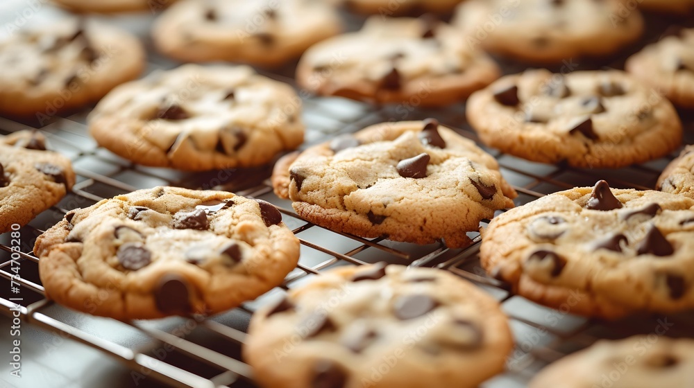 A close-up of a freshly baked batch of soft and chewy chocolate chip cookies straight from the oven
