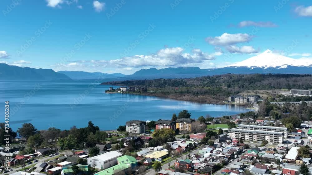 Coast Cityscape At Villarrica Los Lagos Chile. Maritime Villarrica Los Lagos. Business Sky Clouds Downtown Cityscape. Business Exterior Downtown Backgrounds Panoramic City.