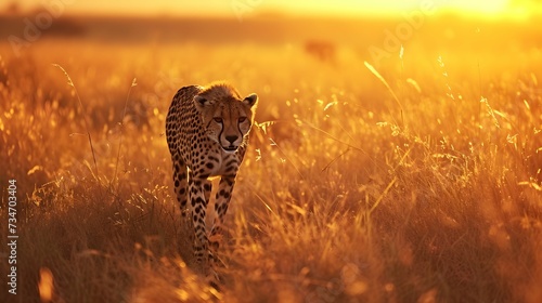 A cheetah is walking through the grass at sunset © PSCL RDL