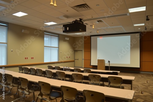 vacant conference room with overhead projector, no crowd photo