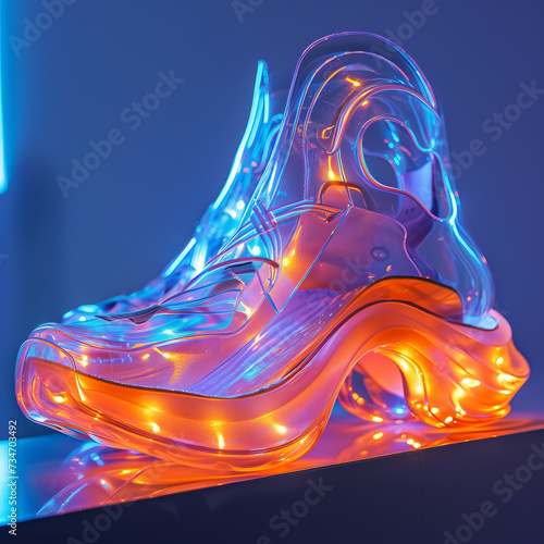 Futuristic Neon Sneaker Design.
A futuristic sneaker illuminated with neon lights, showcasing an avant-garde fashion concept. photo
