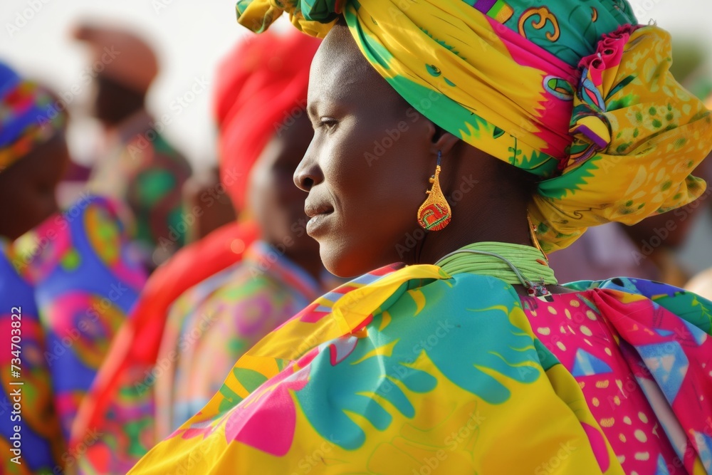 senegalese woman in a bright boubou and head tie at a music celebration