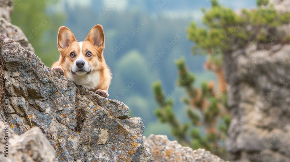 A curious corgi peering over the edge of a cliff, its ears perked up as it takes in the breathtaking view below.