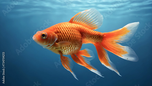 A vibrant orange goldfish with flowing fins swims gracefully against a serene blue gradient background.
