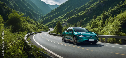 electric car is driving on a winding road that runs through a verdant forest and mountains