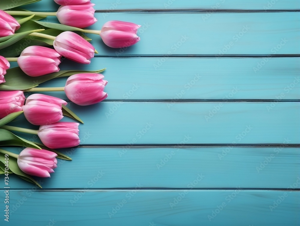 Tulips on wooden table with blue wooden background and copy text space Tulips on wooden table with blue wooden background and copy text space