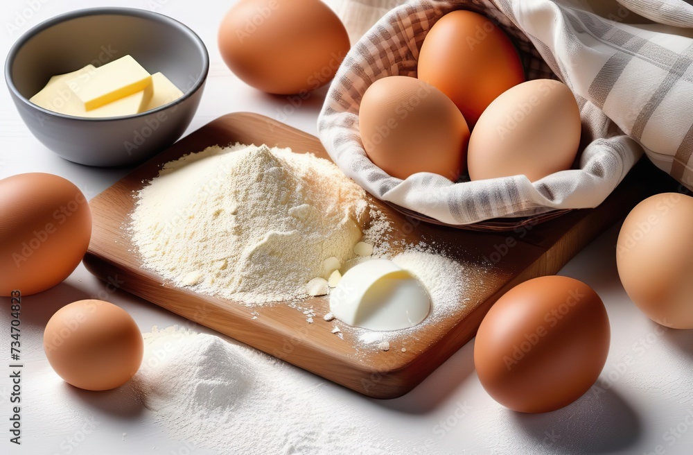 Baking ingredients flour, eggs, rolling pin, butter and kitchen textiles. on white background Baking ingredients flour, eggs, rolling pin, butter and kitchen textiles. on white background