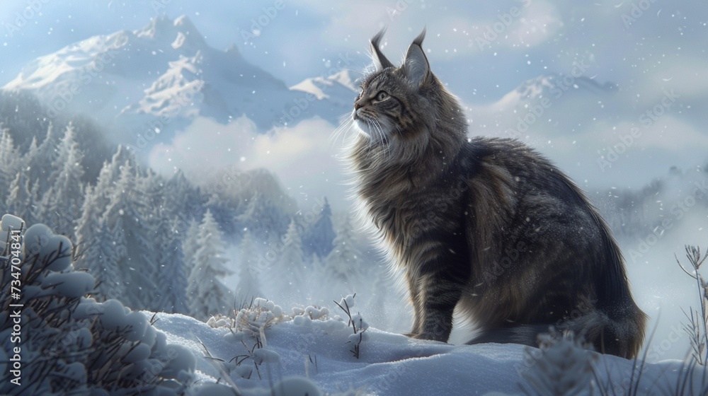A majestic Norwegian Forest Cat standing tall amidst a snowy winter landscape, its thick fur protecting it from the cold.