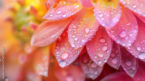 Close up colorful dahlia flowers with drops. Springtime at the flower market