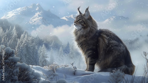 Obraz na płótnie A majestic Norwegian Forest Cat standing tall amidst a snowy winter landscape, its thick fur protecting it from the cold. w salonie