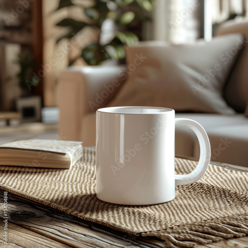 Serene Coffee Break. White mug on a textured tablecloth with a cozy home background.