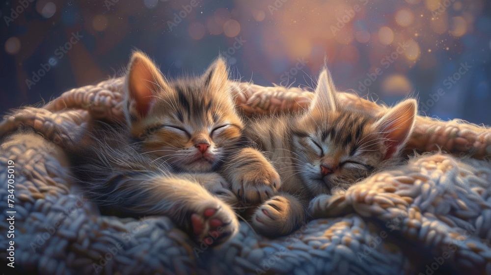 A pair of adorable kittens nestled together in a cozy bed, their tiny paws intertwined as they nap peacefully.