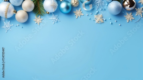 Merry Christmas greeting card frame banner Christmas ornaments and gift on blue background top view