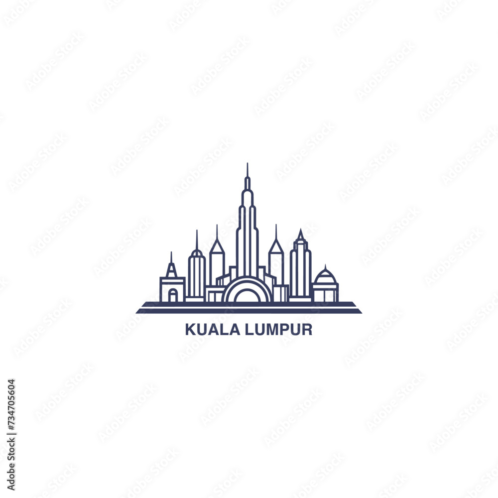 Kuala Lumpur city cityscape skyline panorama vector flat modern logo icon. Malaysia megapolis emblem idea with landmarks and building silhouettes. Isolated thin line graphic Kuala Lumpur city cityscape skyline panorama vector flat modern logo icon. Malaysia megapolis emblem idea with landmarks and building silhouettes. Isolated thin line graphic