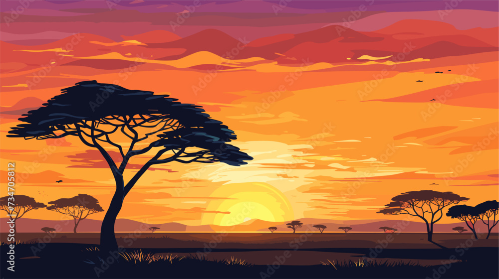 Abstract African landscape with acacia trees and a sunset sky.simple Vector Illustration art simple minimalist illustration creative